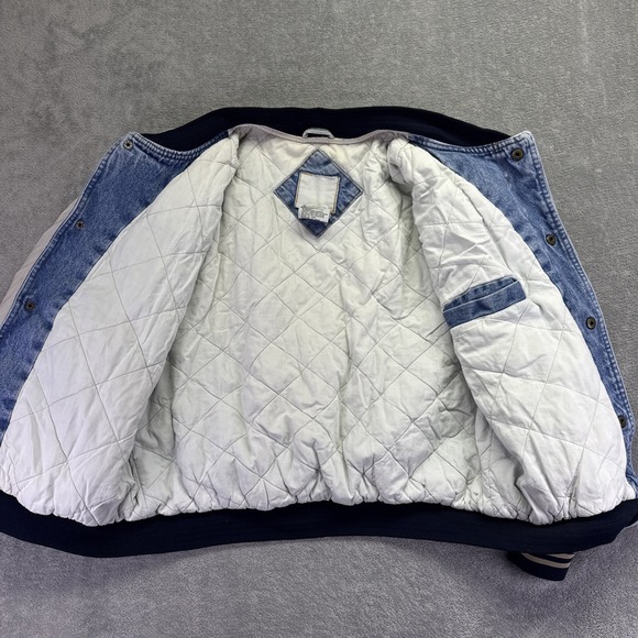 Vintage 90s Denim Varsity Bomber Jacket Large Tan Sleeves Quilt Lined Stone Wash - Picture 4 of 10